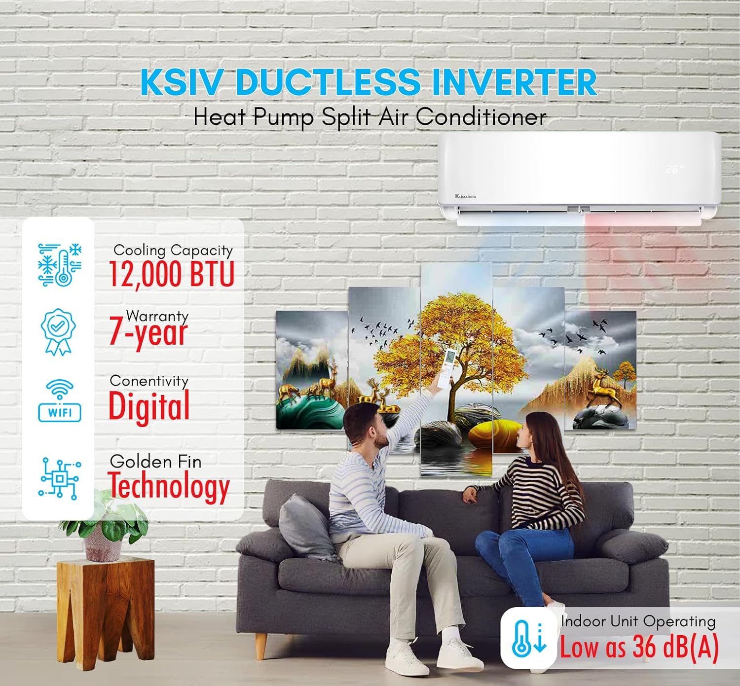 KLIMAIRE 12,000 BTU 23.1 SEER2 Hyper Heat Ductless Mini Split Air Conditioner & Heat Pump System, Operates Down to -22°F, with Pre-Flared 16'Installation Kit & Wall Bracket, 230V, Wi-Fi Enabled (230V)