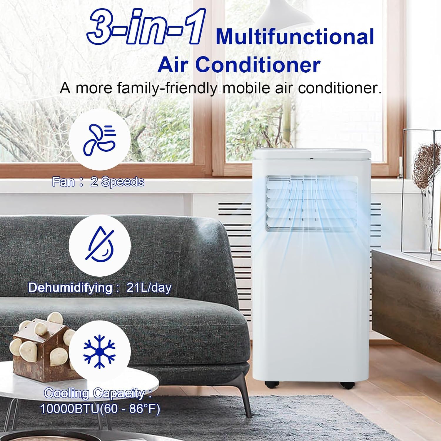 10000 BTU Portable Air Conditioner, AC Cooling for Room Spaces Up to 450sq. Ft, Quiet 4-IN-1 Portable Ac Unit With Dehumidifier Fan Function, Sleep Mode, Remote Control & 24H Timer for Bedroom, Room