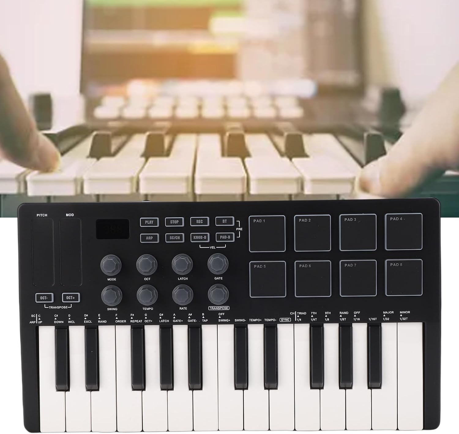 25 Keys MIDI Keyboard Controller, with 8 RGB Backlit Pads & 8 Knobs, Beat Maker, for Music Production