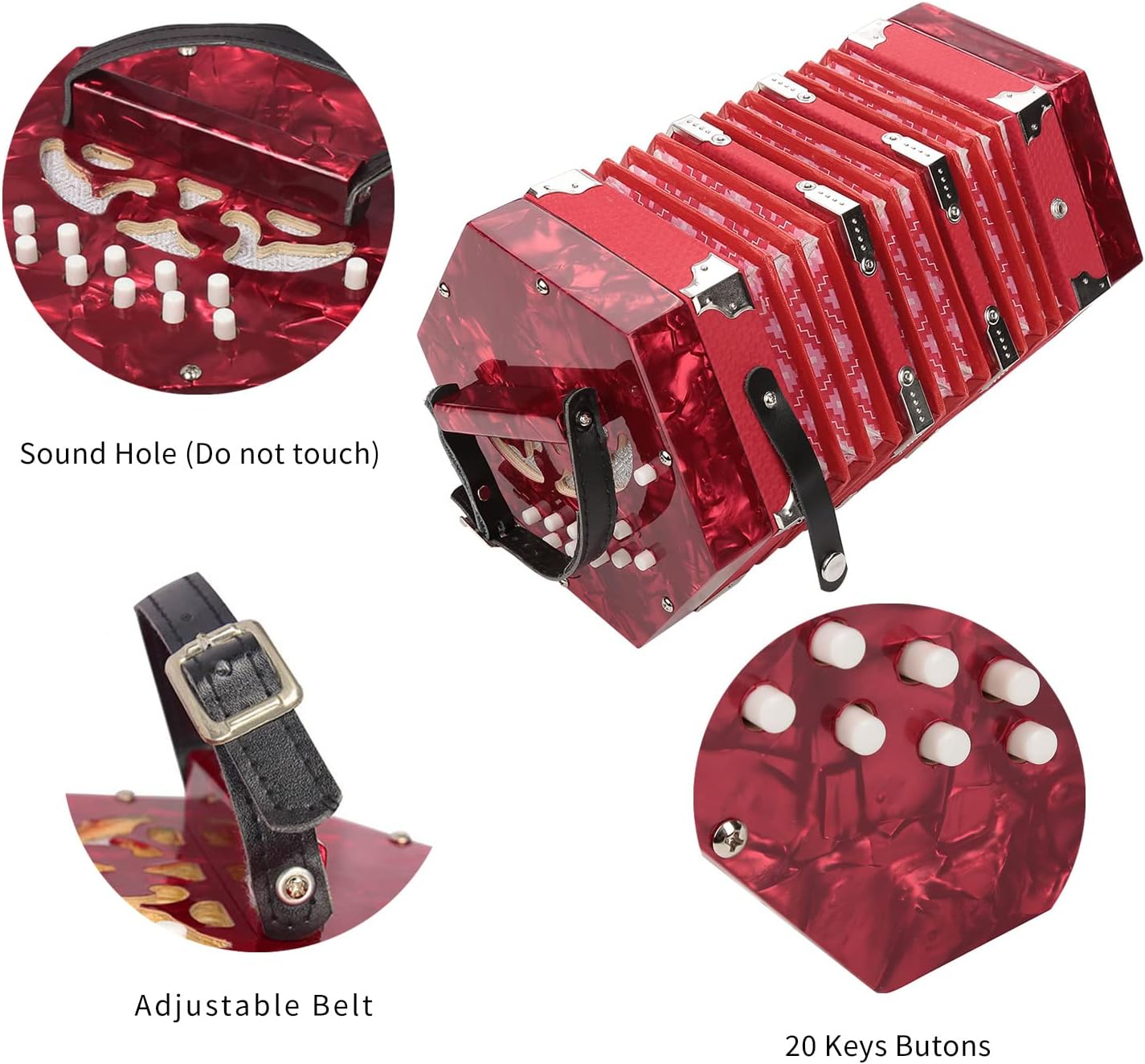 Professional Concertina, 20 Buttons Accordion with Strap and Carrying Bag Beginner Musical Instrument for Daily Practice Stage Performance(Red)