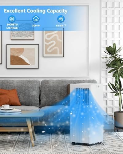 8,000 BTU Portable Air Conditioner – 3 in-1 AC Units Cooling, Dehumidifier & Fan for Rooms Up to 350 sq.ft. Quiet Sleep Mode, 24H Timer Saves Energy, Remote Control Includes Window Kits