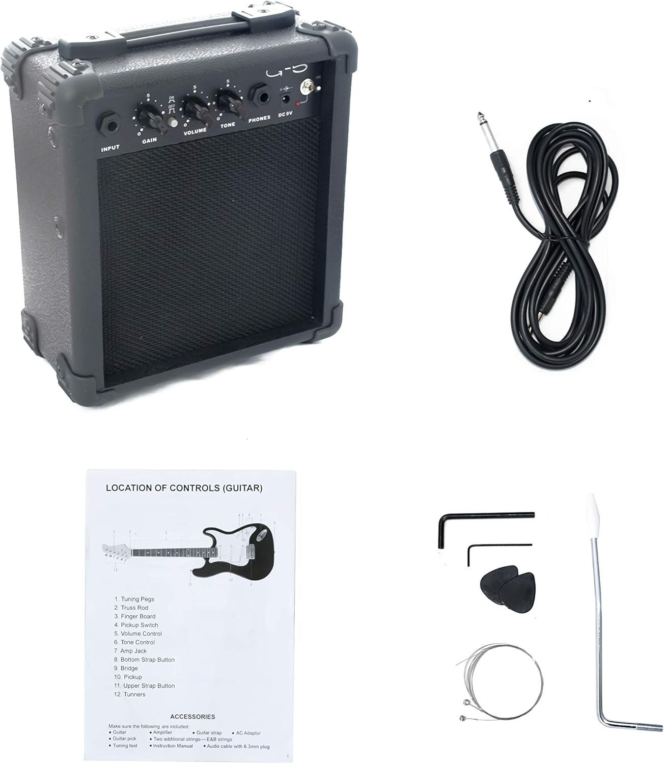 Full-Size 39“ Adult/Teenager/Beginner Electric Guitar Black with 5W Amplifier (powered by 9V battery or adaptor - not included), Extra Strings, Cable and Guitar Pick (Black)