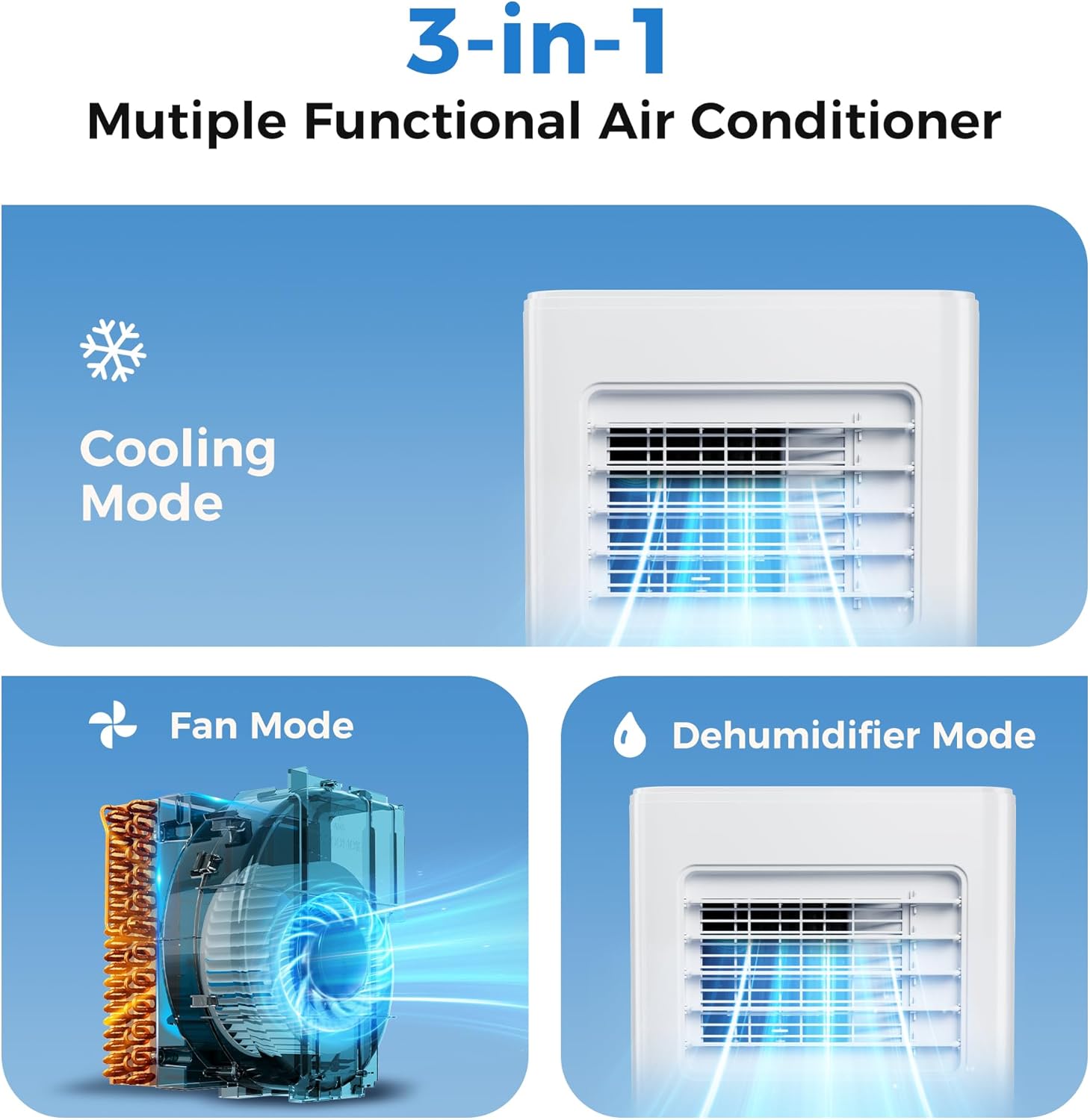 2025 Upgraded Portable Air Conditioner,8,000 BTU Portable AC Unit with Built-in Cool, 3-in-1 Cooling Fan & Dehumidifier for Rooms up to 350 Sq. Ft.,Smart APP and Remote Control,2 Speed,24H Timer