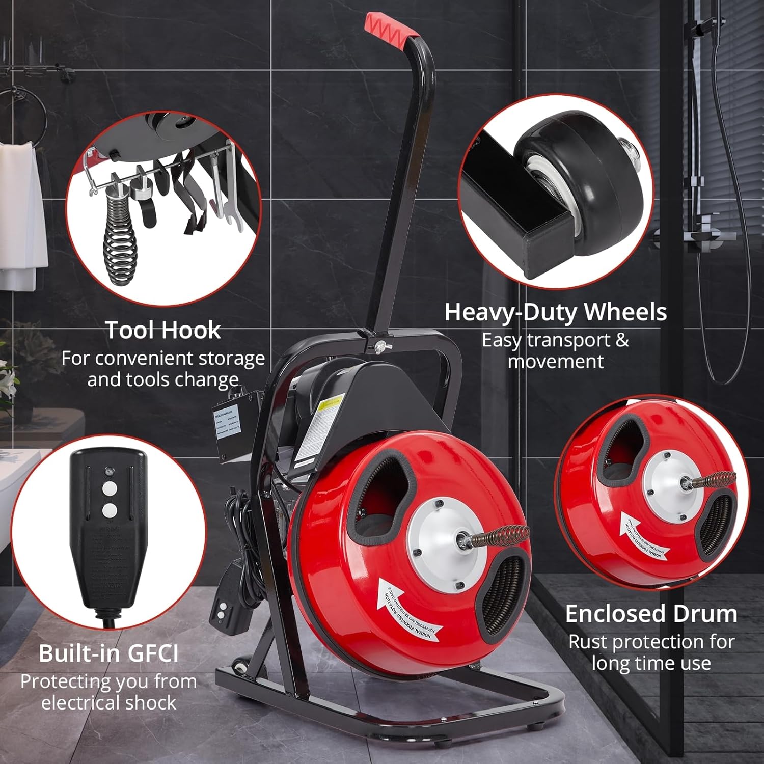 50 FT x 1/2 Inch Drain Cleaner Machine with 250W Motor, Manual Feed Sewer Snake Auger with 4 Cutters & Air-Activated Foot Switch, Semi-Enclosed Drum Drain Cleaning Tool for 2