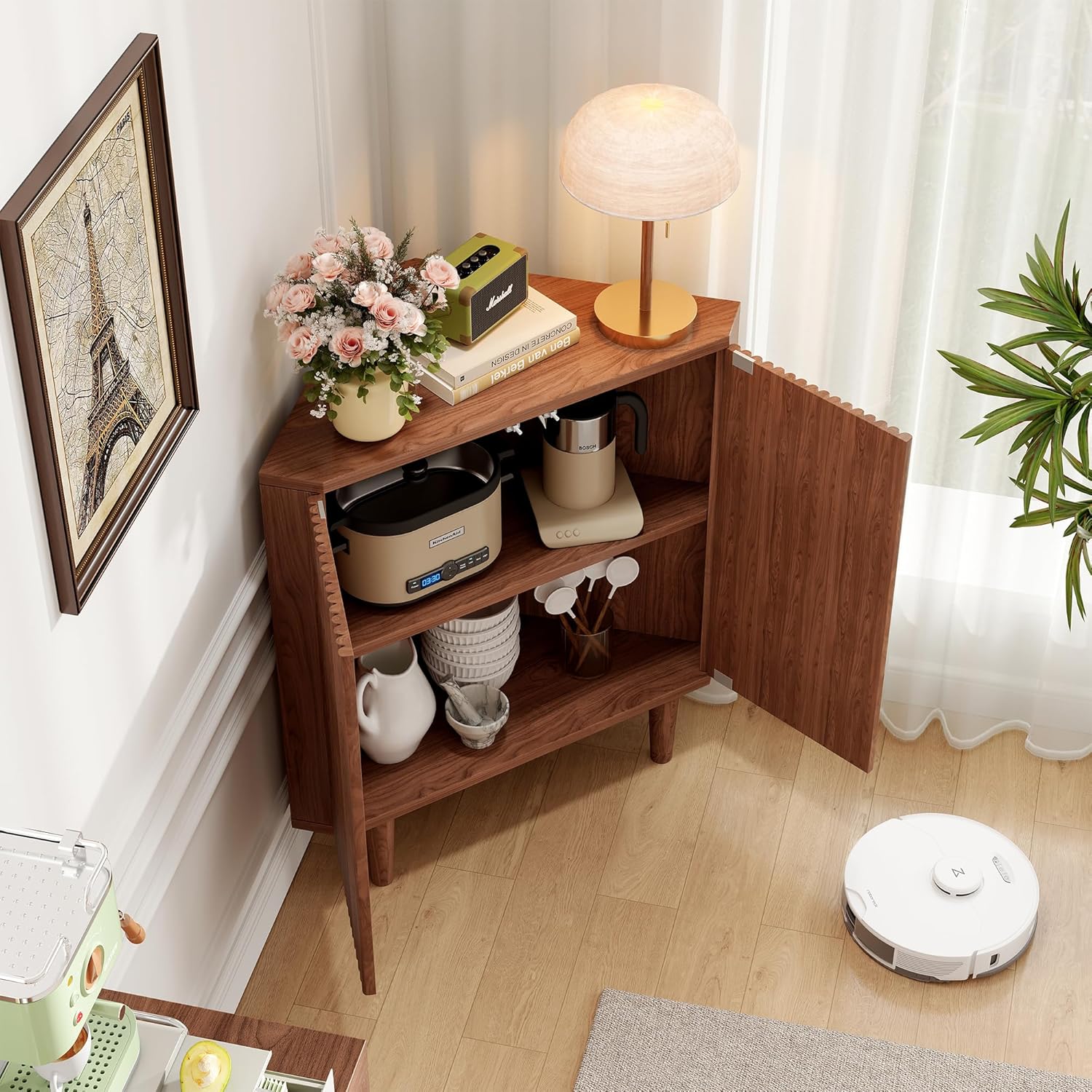 Fluted Floor Corner Kitchen Cabinet with Door, Wooden Freestanding Small Floor Cabinet Organizer, Side Storage Organizer for Living Room, Dining Room, Bathroom Walnut