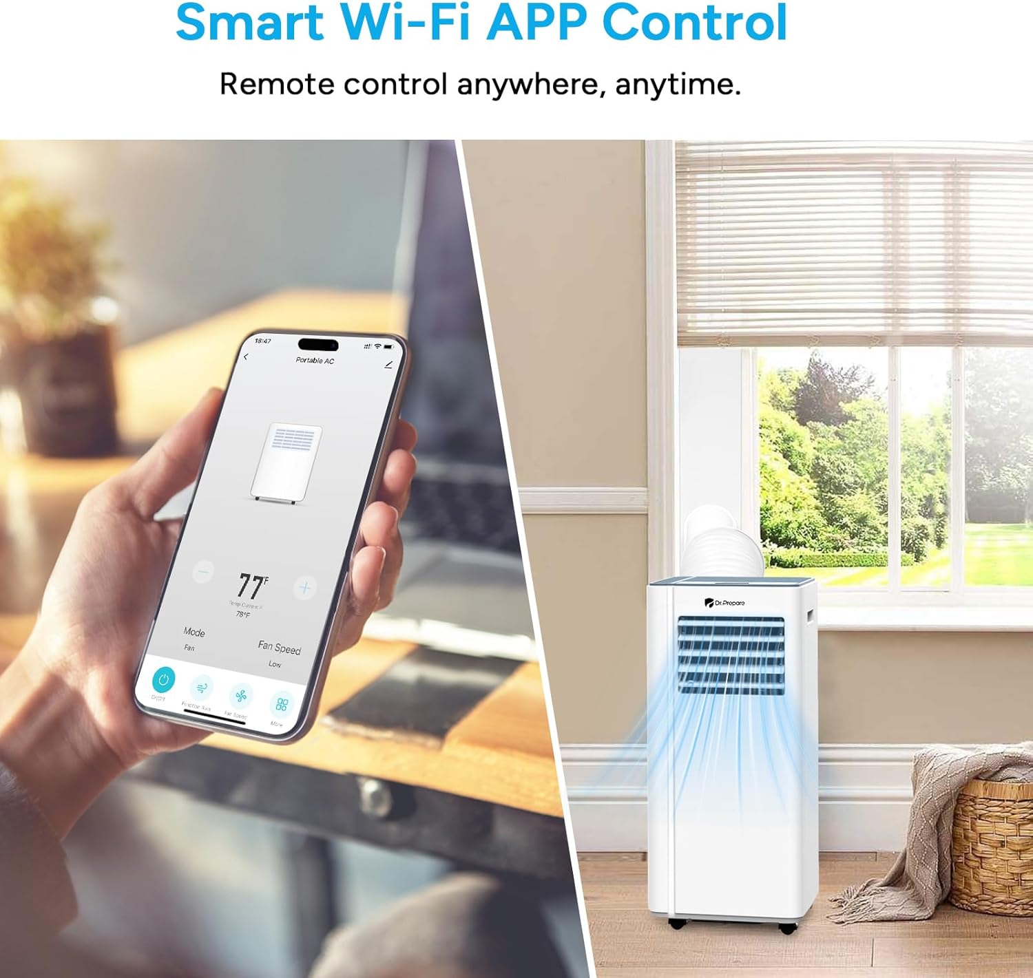 DR.PREPARE 8,000 BTU Portable Air Conditioner with WiFi Enabled, Cooling, Dehumidifier, Fan & Sleep Modes 4-in-1 Portable AC w/Remote Control & 67'' Window Kit, Cools Up To 350 sq. ft, 1-24H Timers
