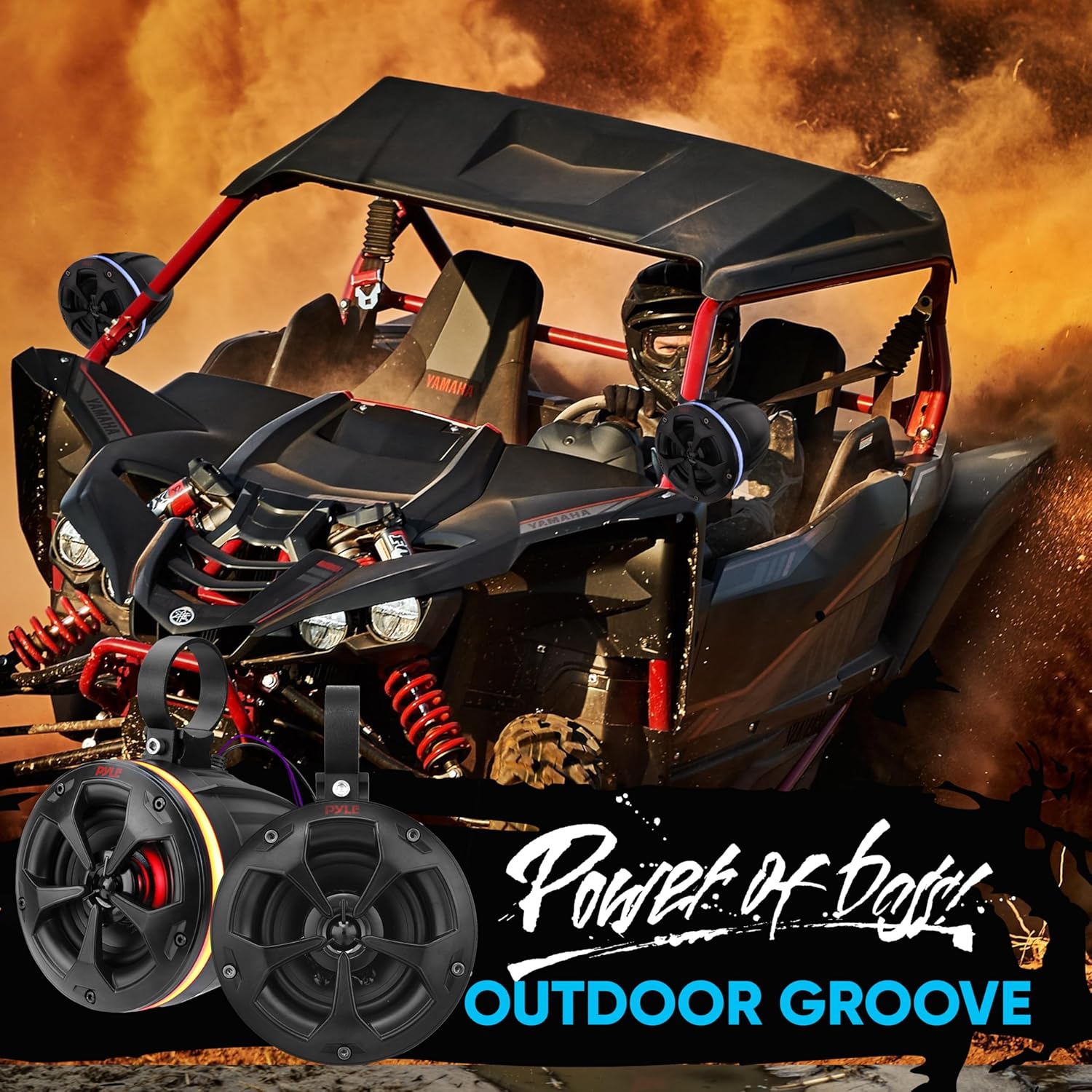 PyleUsa Waterproof Off-Road Speakers with Amplifier 4 Inch 800W 4-Channel Marine Grade Wakeboard Tower System w/ RGB Lights,Remote, Full Range Outdoor Audio Stereo Speaker for ATV,UTV,Quad, Jeep, Boat