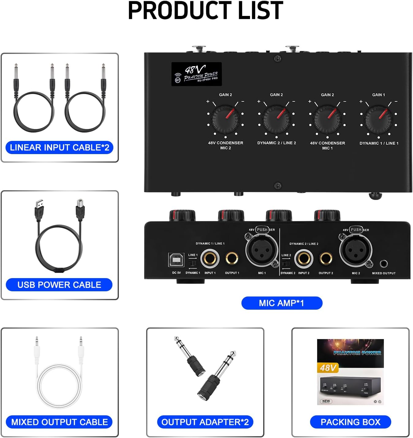 Microphone Preamp Mic Booster 4 Input Max 25db DI Box with 48V Phantom Power for Dynamic and Condenser Mic (MC02)