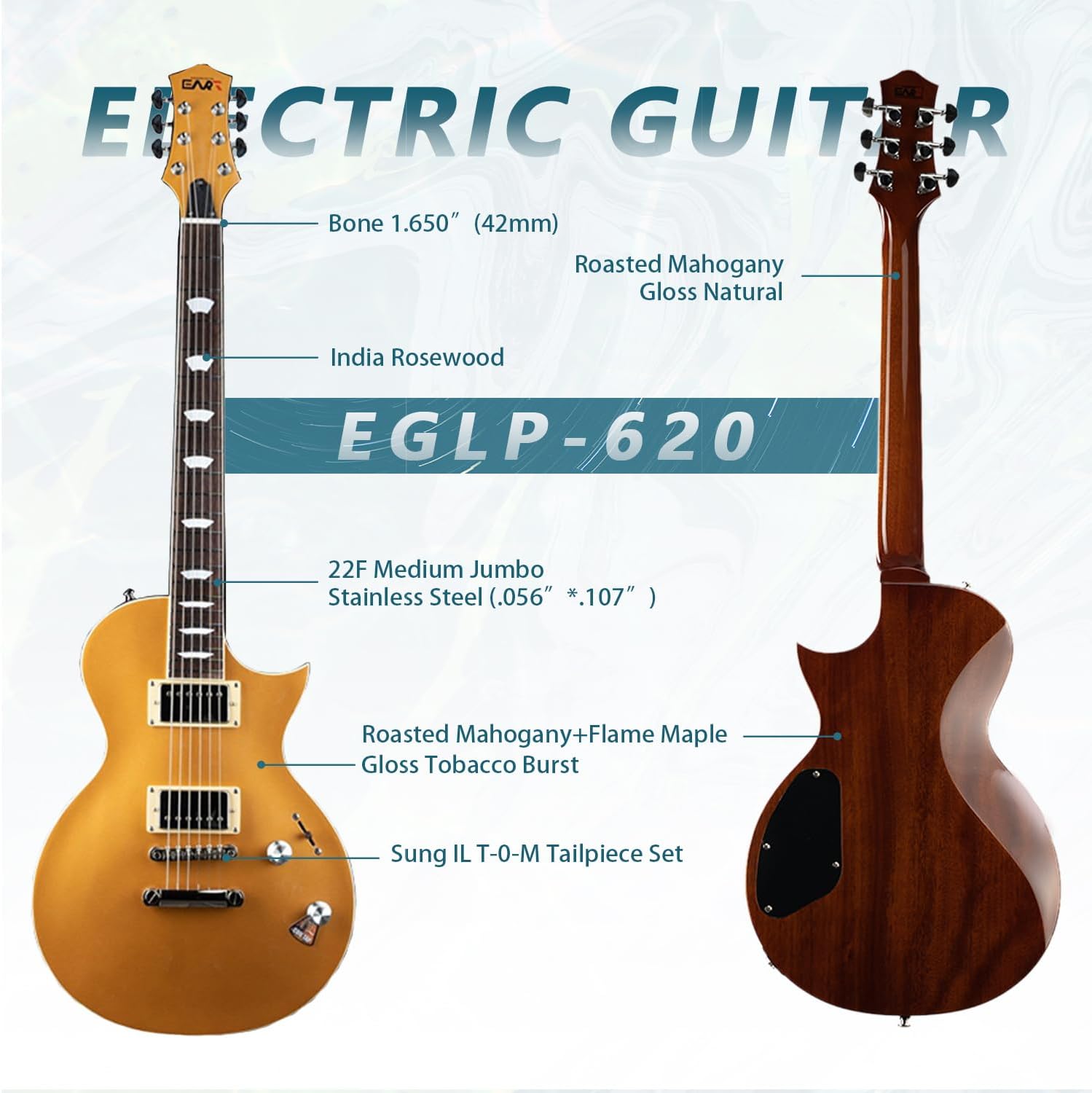 EART EGLP-620 6 String Solid Full-Size Electric Guitar,Full-Size 39 Inch Roasted Mahogany Stainless Steel Frets India Rosewood Fingerboard