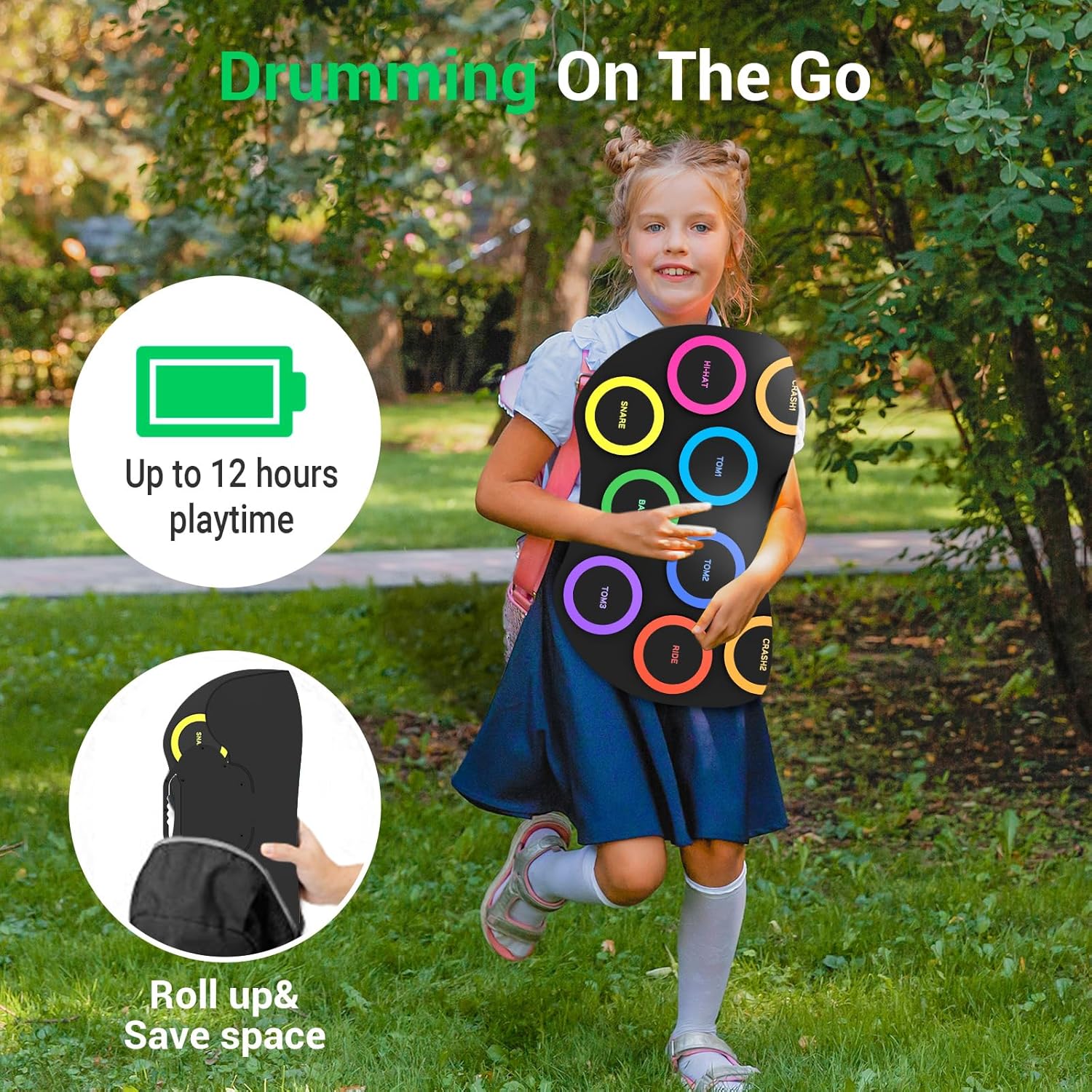 ROCKSOCKI Electronic Drum Set 9Pads with LED Lights, Bluetooth Portable Electronic Drum Kit, Roll-Up Practice Drum Pad, Built-in Dual Speakers, Headphone, Holiday Birthday Gift for Kids