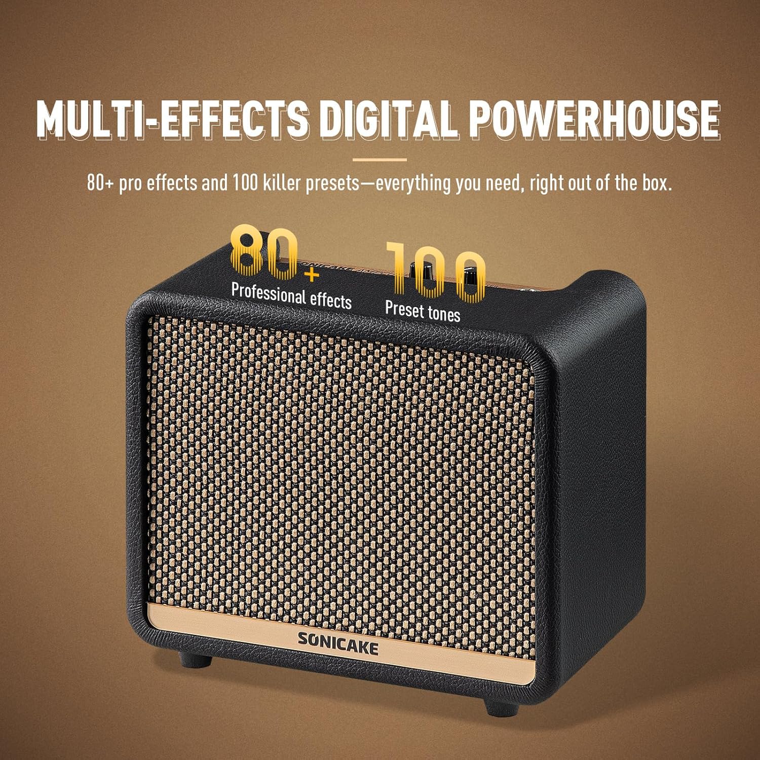 SONICAKE 10W BT Guitar Amplifier, Multi-effect Digital Modeling Speakers with APP, Portable Desktop All-in-one Guitar Amp with 80 Effects 100 Preset for Bedroom Practice, OTG AMPCUBE QAM-20