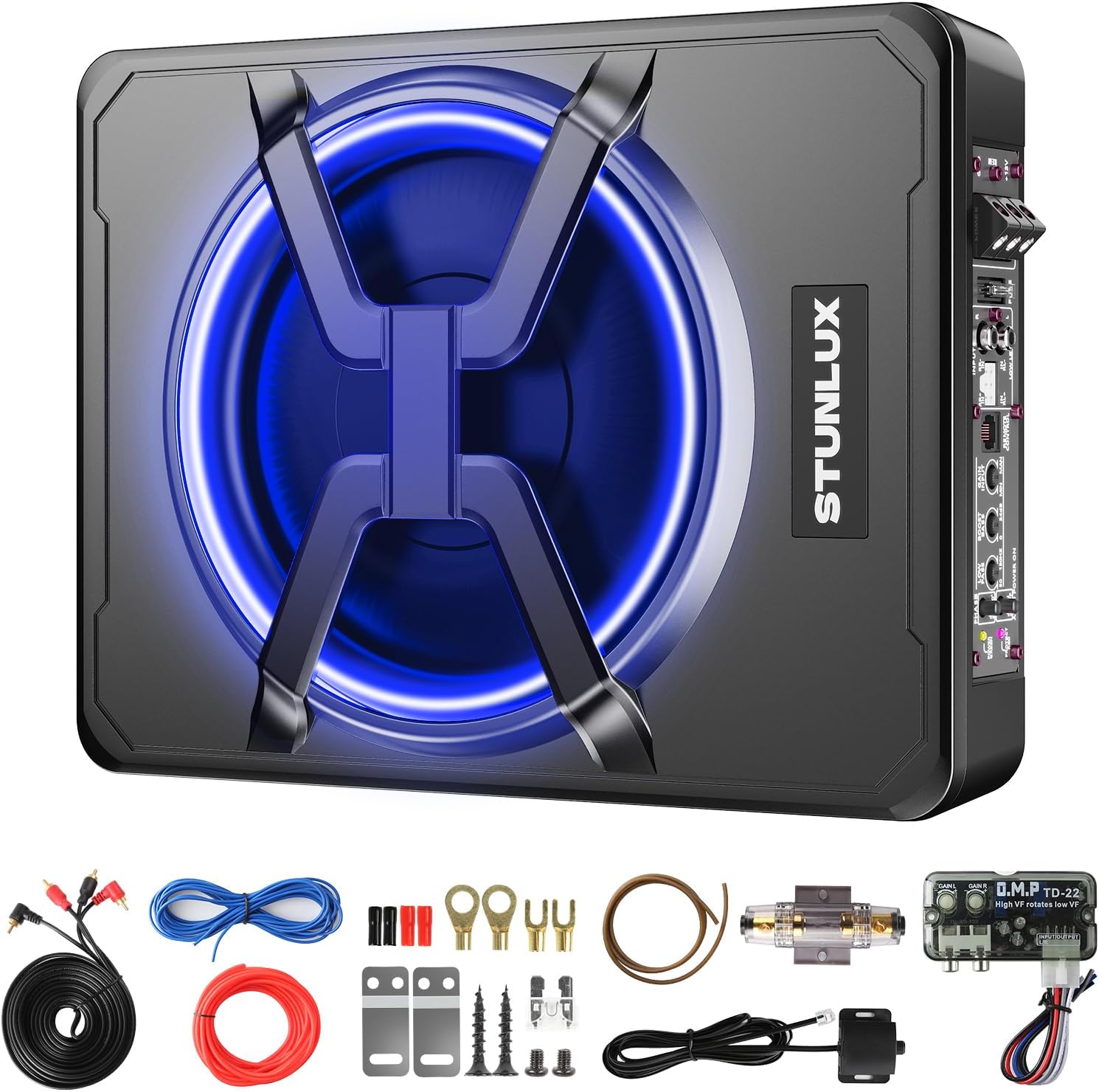 800W Slim Under Seat Powered Car Subwoofer Kit with Colorful LED Light,High/Low Level Input, Built-In Amplifier, And Car/Truck Audio System for Ultimate Sound Performance – Subwoofer and Amp Package