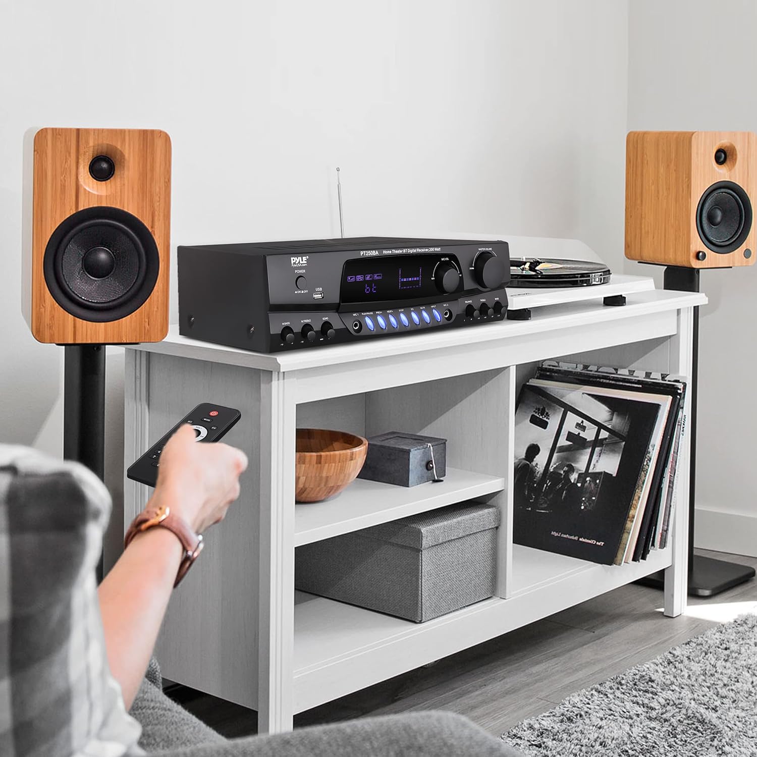 Pyle Wireless Bluetooth Power Amplifier System, 200 Watt Max, Home Theater Audio Stereo Receiver Box with FM/USB, Mic in, RCA Inputs, Echo & 2-Band EQ Control, Digital Display Screen - PT250BA