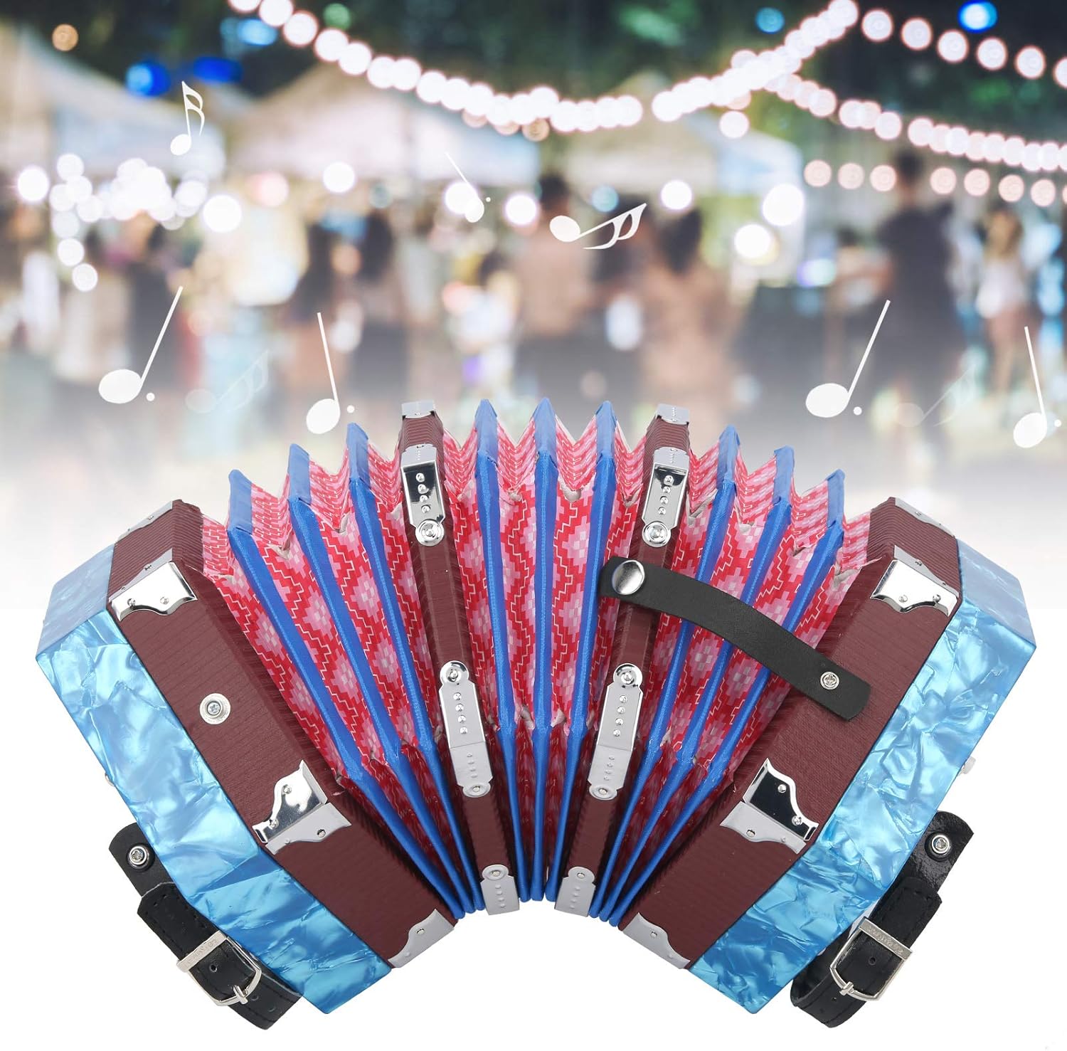 Concertina Accordion Portable, Solid Wood and Leather, 18x17x17cm, 3 Colors - Adjustable Strap, Lightweight with Carry Bag, Ideal for Beginners and Adults (Sky Blue)