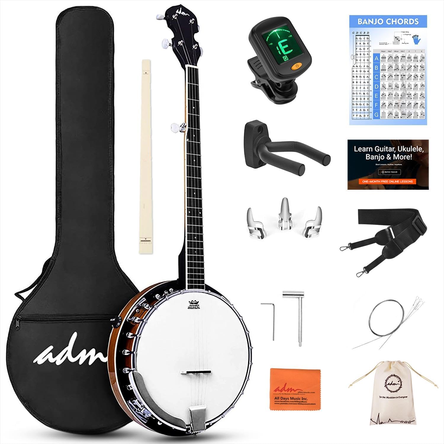 ADM Banjo 5 String Full Size Acoustic Electric Banjoes Set Remo Drum, Geared 5th Pegs Beginner Banjo Kit w/EQ Resonator Open or Closed Back, Starter Package Accessories Online Lessons for Adult,Brown