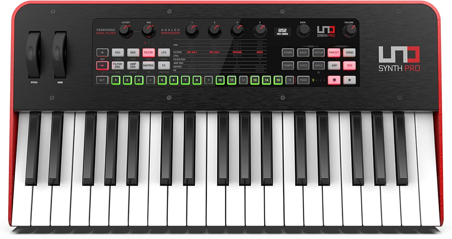 IK Multimedia UNO Synth Pro 3 oscillator monophonic analog synthesizer 37-key synth weighted FATAR keybed, multi-mode filter, arpeggiator, 64-step sequencer, audio input, full USB, MIDI, CV controls
