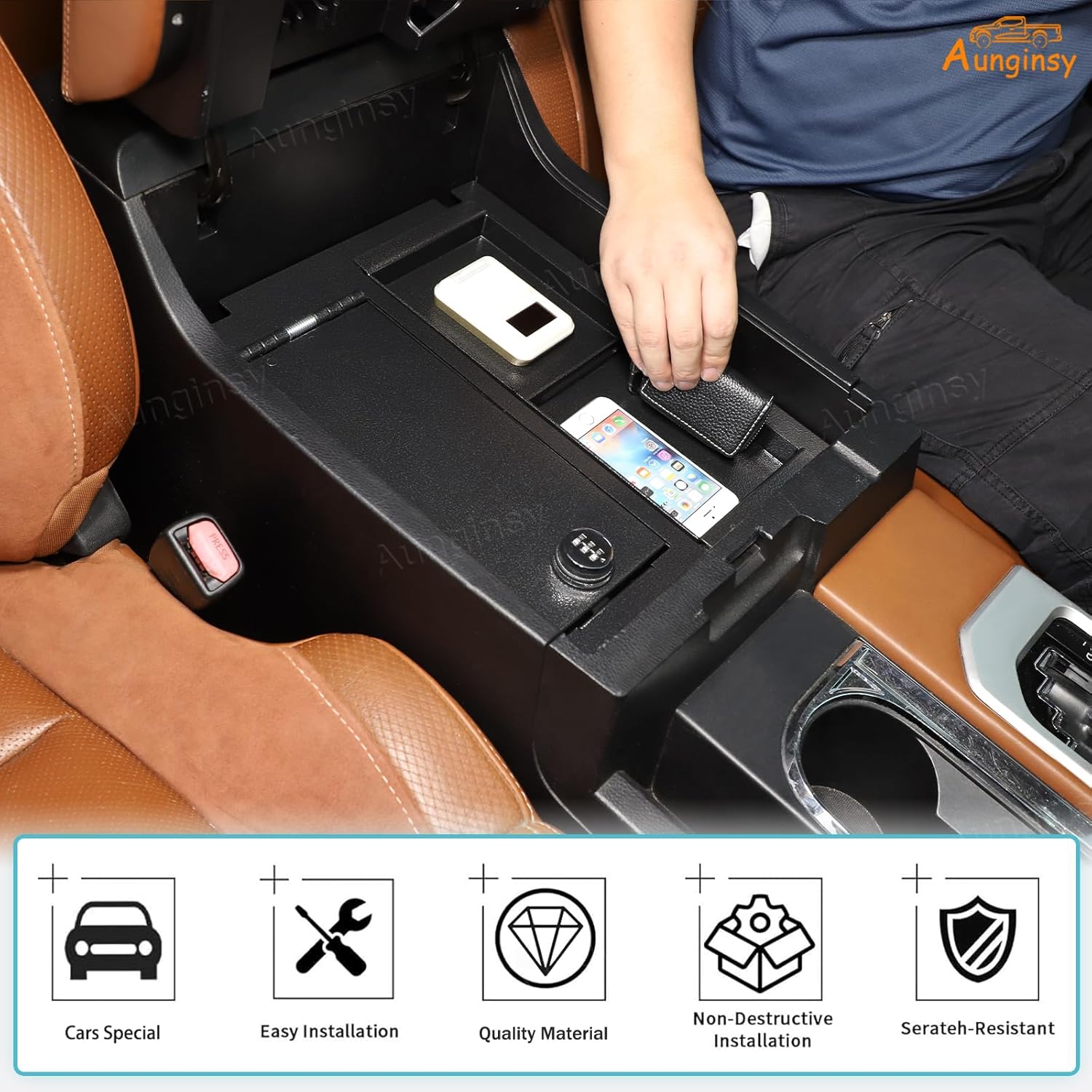 Aunginsy Center Console Lock Safe Box Armrest Storage Compatible with Toyota Tundra 2014-2021, Car Central Control Organizer Tray Vault Security with 3 Digit Combo Password Insert Accessories(Large)