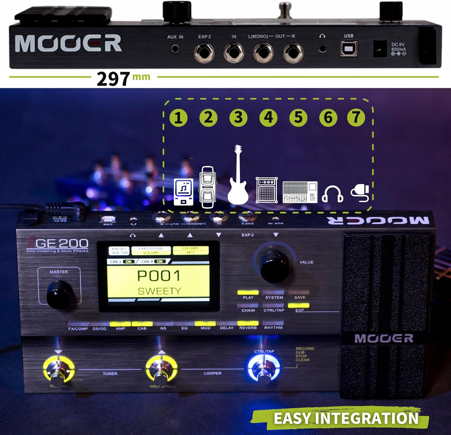 MOOER GE200 Amp Modelling Multi Effects with Air P05 Guitar Wireless System Cordless Guitar Cable