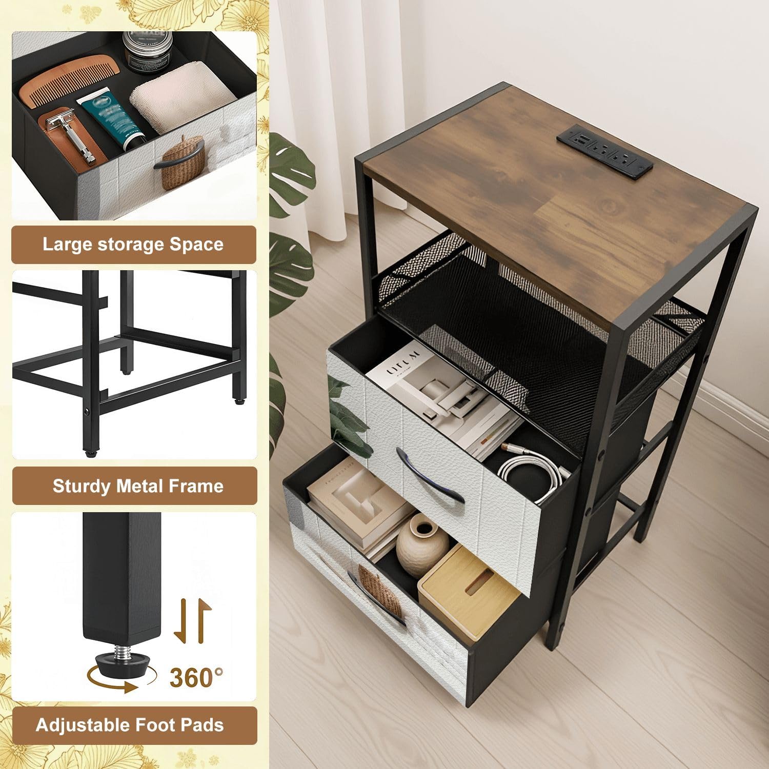 Night Stand with Charging Station Bedside Table with 2 Fabric Drawers Marble White Round for Bathing Products Bathroom spa Shampoo Bedroom Nightstand with USB Ports & Outlets Open Shelf Black