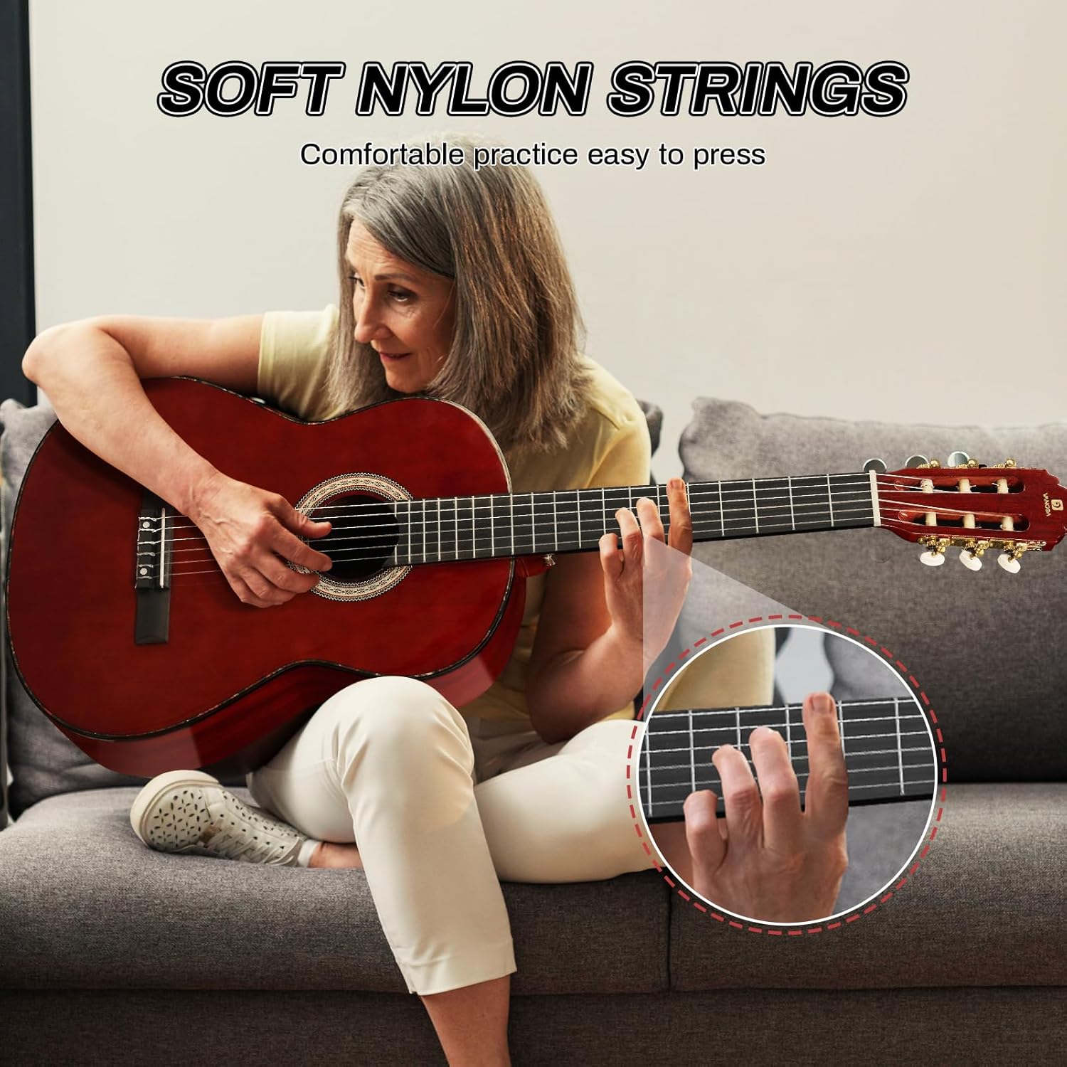 Classical Guitar Full Size 4/4 Spanish Style Classical Guitarra, 39 Inch Nylon Strings Guitar Ideal for Beginner Adults, Solid Rosewood Red, by Vangoa