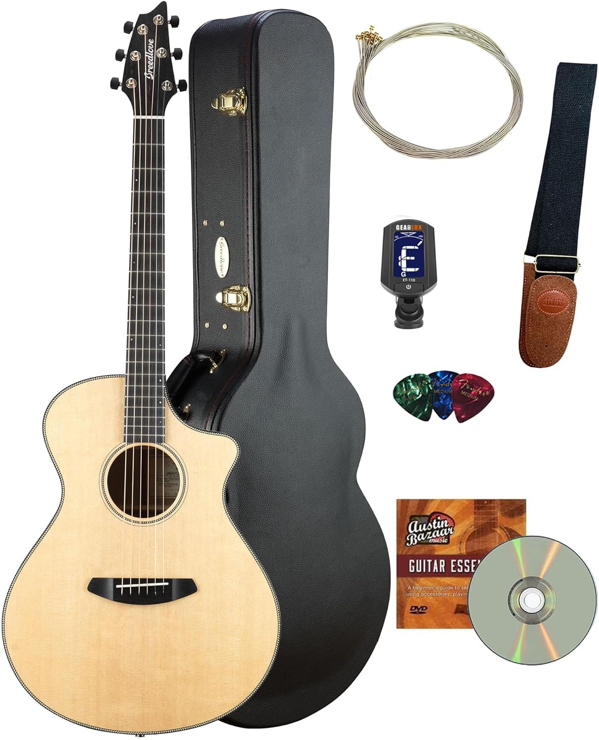 Breedlove Oregon Concert CE Acoustic-Electric Guitar - Natural Sitka & Myrtlewood Bundle with Hardshell Case, Tuner, Guitar Strap, Strings, Picks, and Austin Bazaar Guitar Essentials DVD