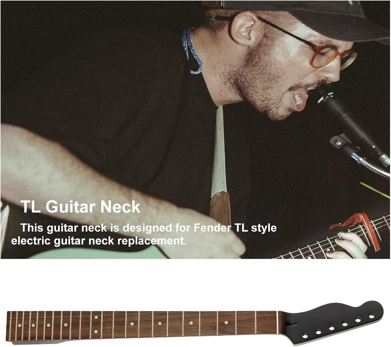 22 Fret Left-Hand Electric Guitar Neck (Maple Headstock, Rosewood Fretboard) – Black Replacement for TL Style Guitars