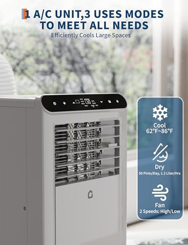 8,000 BTU Portable Air Conditioner, 3-In-1 Ventless Portable Air Conditioner with Dehumidifier, Fan, Room AC Unit Cools Up to 350 Sq.Ft., Auto Swing, 24H Timer, Windows Kit Included, Grey