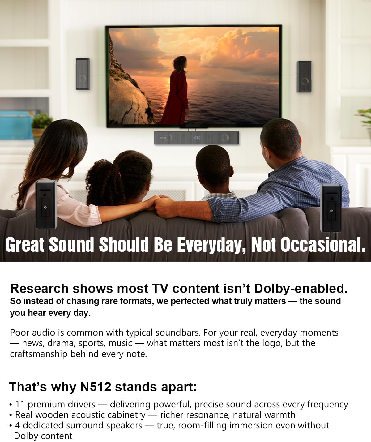 Wooden 5.1.2 Virtual Surround Sound System, 4 Surround Speakers Wired, 400W Peak Power, Sound Bars for Smart TV w/Subwoofer, 5.25'' Deep Bass, Home Theater TV System, ARC/OPT/BT/AUX, HiPulse N512