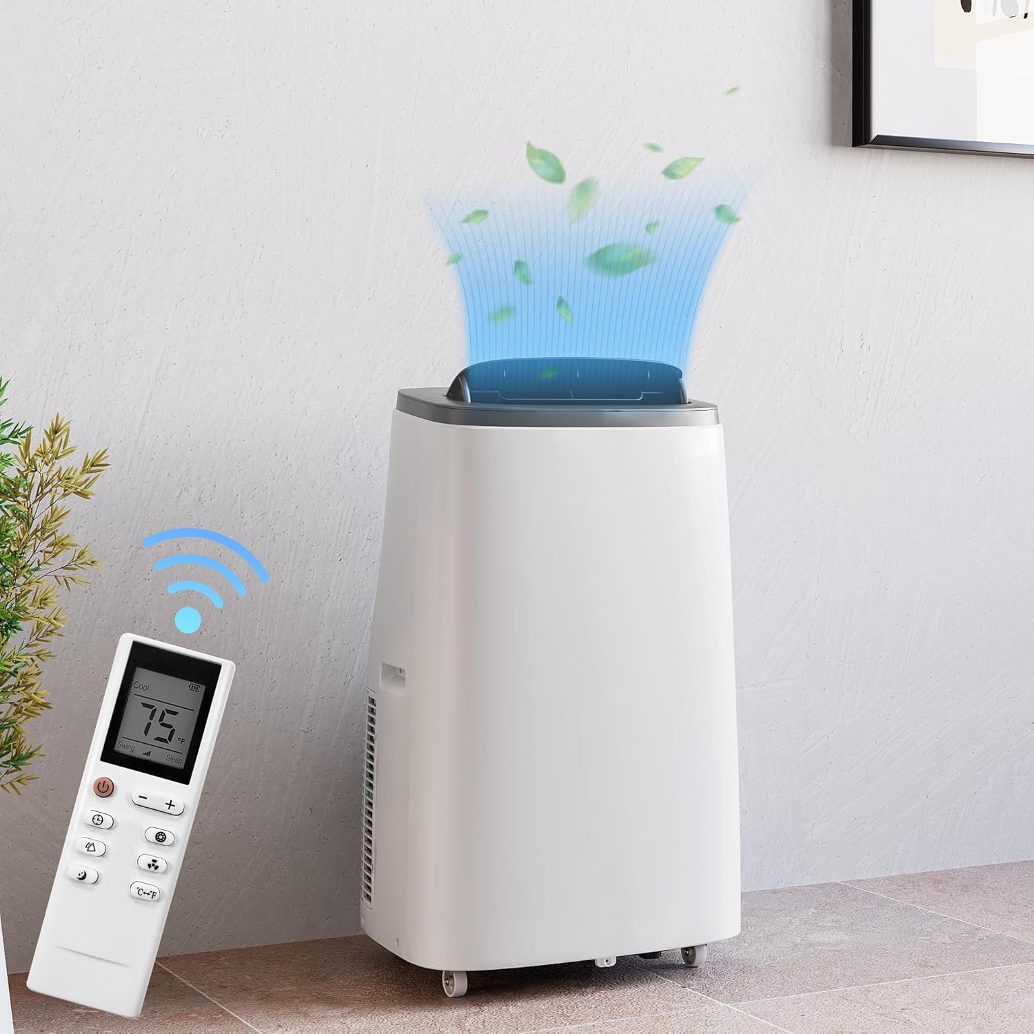 14000 BTU (ASHRAE) / 9300 BTU (DOE) Portable Air Conditioner, Cools 750 Sq.ft. 3-in-1 Mini Standing AC Unit Cool/Fan/Dry, Quiet Operation, LCD Remote, Fast Cooling, Air Purification, White Gray Top