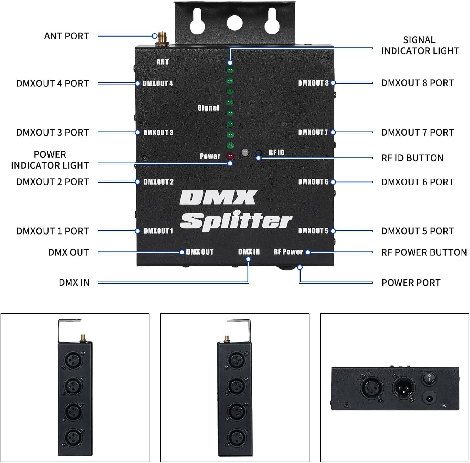 XLR DMX Splitter，8-Channel Wireless DMX 512 Signal Amplifier,3-Pin Output DMX Transmitter Receiver for Disco Party LED Stage Lighting Christmas and Halloween