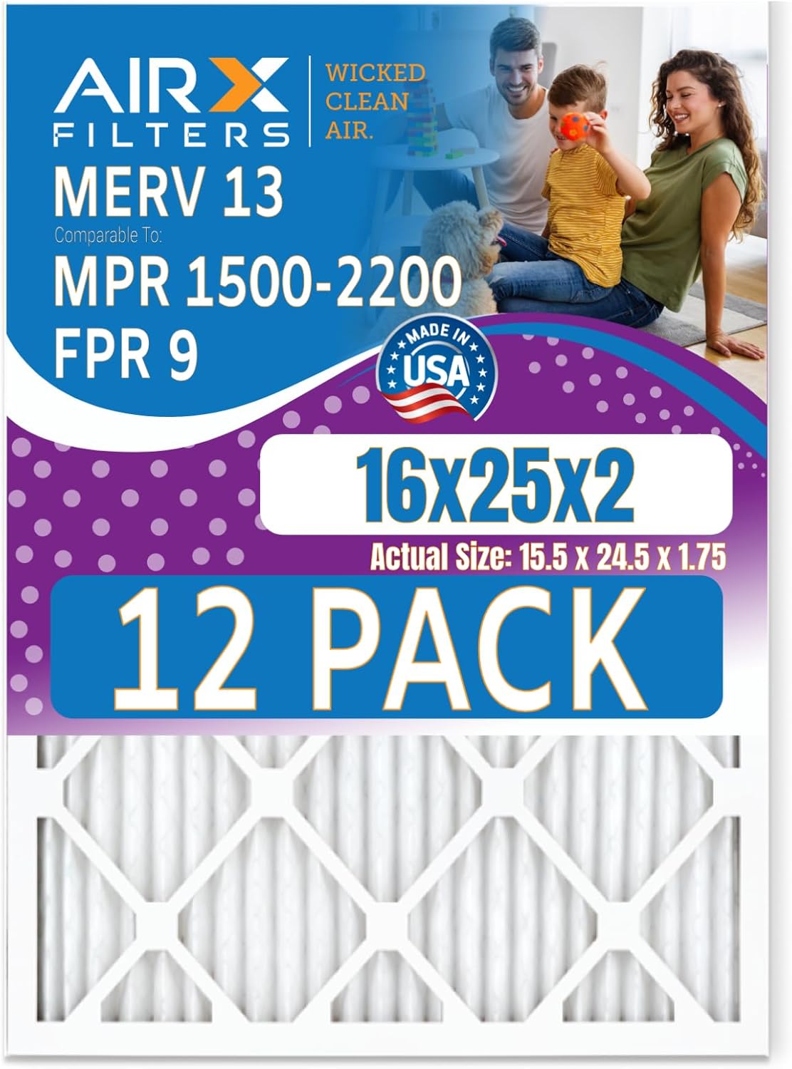 16x25x2 Air Filter MERV 13 Rating, 12 Pack of Furnace Filters Comparable to MPR 1500-2200 & FPR 9 - Made in USA by AIRX FILTERS WICKED CLEAN AIR.