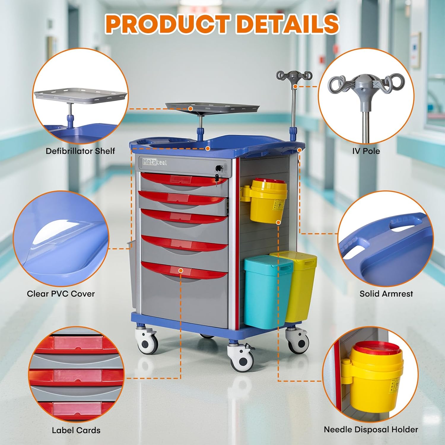 Medical Crash Cart with Emergency Accessory - Cardiac Board, IV Pole, O2 Holder, Power Strip, Trash Bin, Drawers with Dividers, Lite Emergency Hospital Crash Cart for Hospitals and Clinics