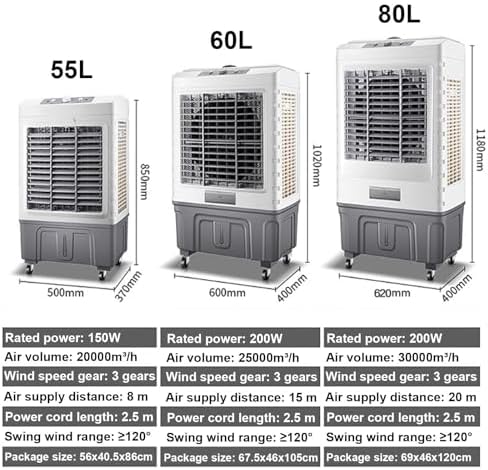 Portable Air Cooler, 3-in-1 Evaporative Air Conditioner with 80L Water Tank, Oscillating Louvres, 3 Wind Speeds, Low Noise, for Indoor & Outdoor Use(60L)