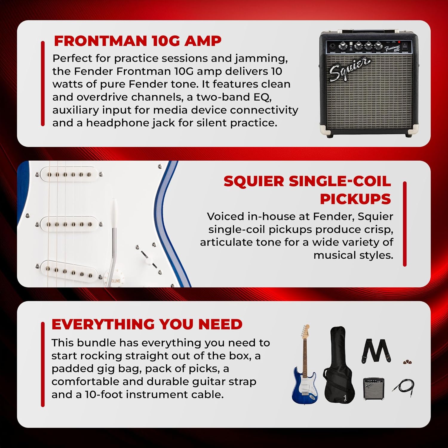 Fender Squier Sonic Stratocaster Pack - Sapphire Blue Transparent Bundle with Frontman 10G Amp, Gig Bag, Instrument Cable, Strap, and Picks