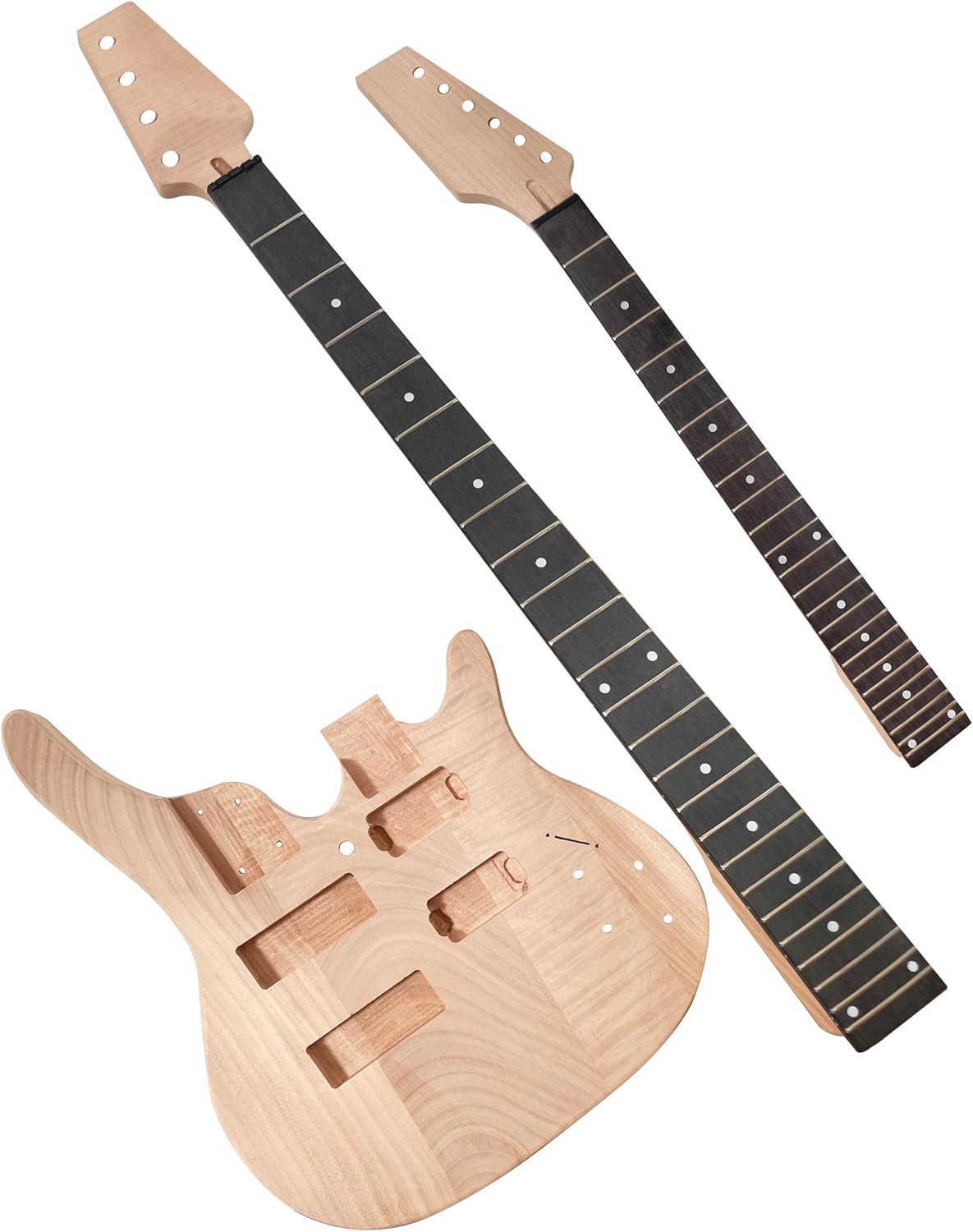 Electric Guitar and Bass Double Neck Kit 6 String and 4 String Guitar Kits Right Handed with Mahogany Body Mahogany Neck Rosewood Fingerboard Build Your Own Guitar and Bass.
