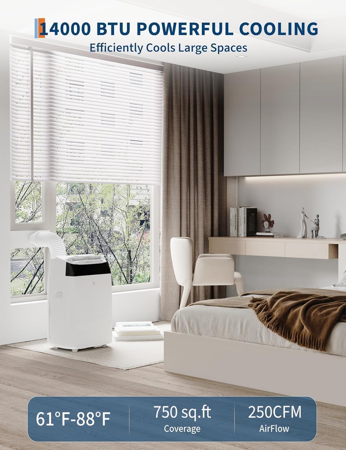 Senfot 14000 BTU Portable Air Conditioner, 3-In-1 Cooling, Fan & Dehumidifier with Remote Control, Ultra-Quiet Sleep Mode, 24H Timer, Window Mount Exhaust Kit, Easy to Move Portab (Black Top Cap)