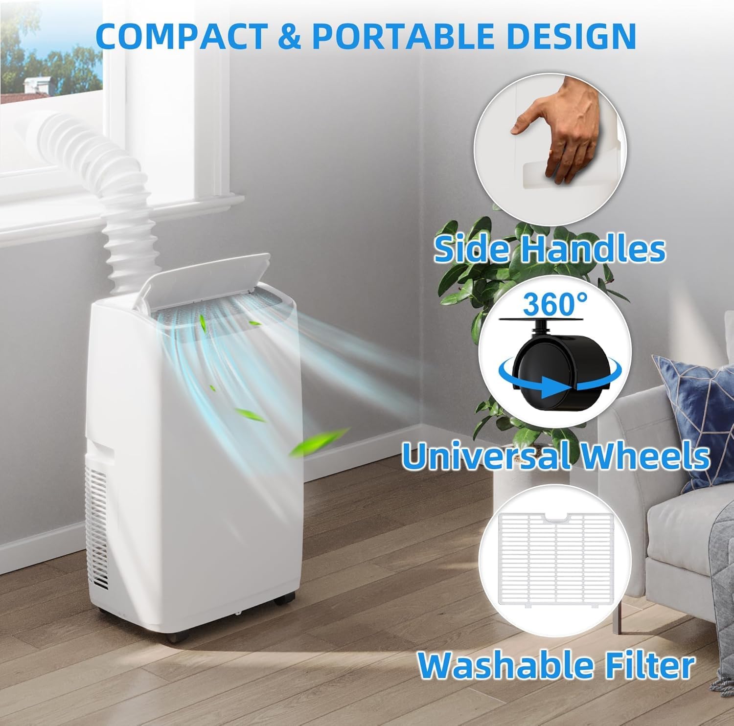 14000 BTU Portable Air Conditioner, 3-In-1 Cool, Fan, Dehumidify Modes, Cools up to 750 Sq. Ft, Quiet AC Unit with LED Display, with Remote Control, Window Installation Kit, 24 H Timer for Room, Dorm