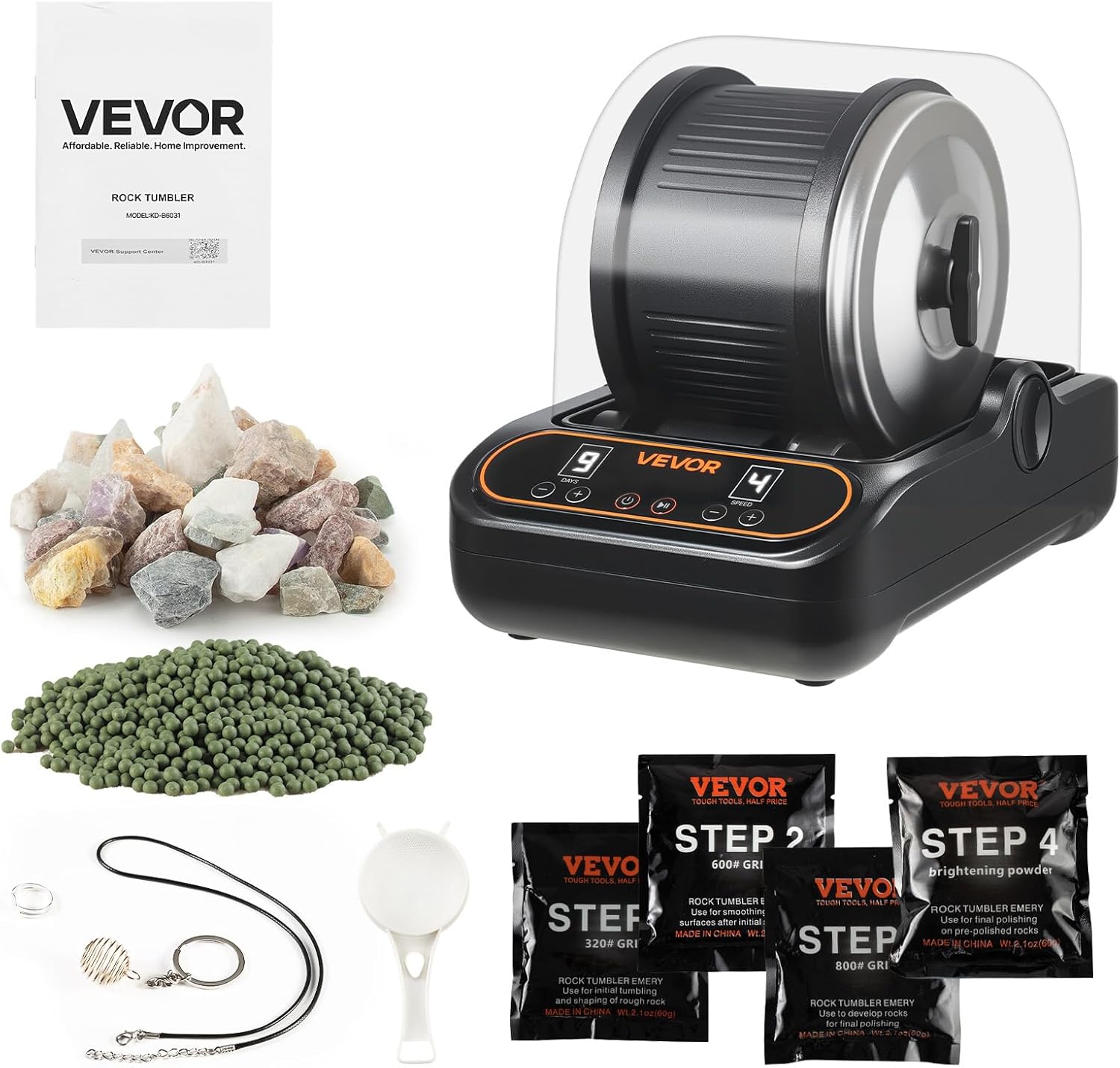 VEVOR Rock Tumbler, 3 lb Rock Polishing Machine, Rocks Tumbling Kit with 4-Speed Adjustment, 1–9 Day Timer, PC Sound Reduction Cover & TPU Drum, Direct Drive Motor Rocks Polishing, Quiet Operation