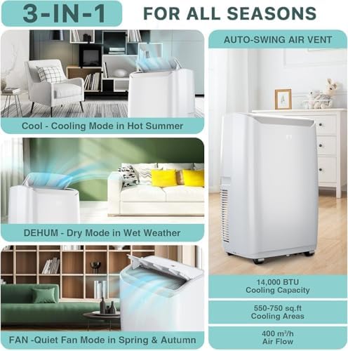3 In 1 Portable Air Conditioner For Room Up To 700 Sq. Ft, 14000 Btu Portable Air Conditioners With Fan & Dehumidifier, Cools, Portable Ac Unit With Sleep Mode, 3 Speed, Auto Swing, 24h Timer