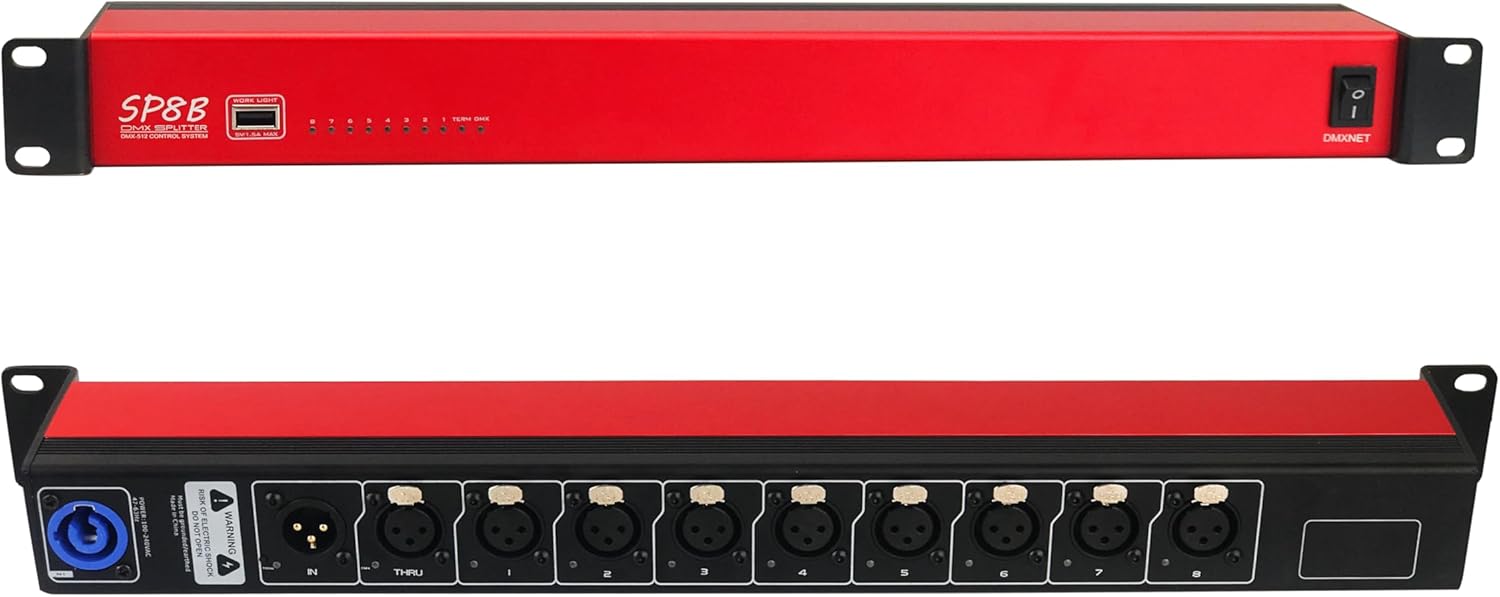 8-port Opto-Isolated DMX Splitter/Amplifier/Isolator, LED Indicator, USB Work Light, Bulit-in Termination, XLR-3PIN,19 Inch Rack Mountable(RDM not Supported)