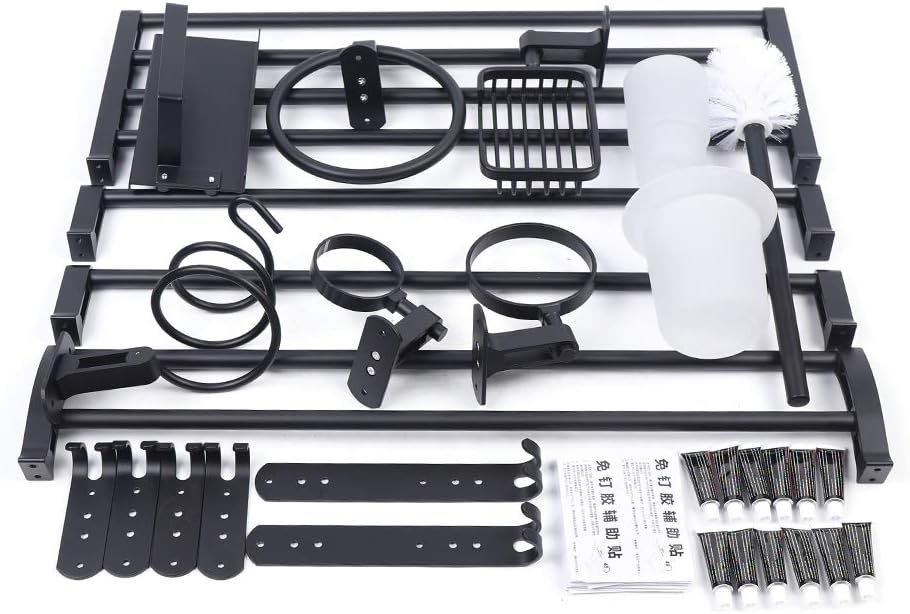 9PCS Black Space Aluminum Bathroom Storage Rack Set, Wall Mount Shower Caddy Shelf for Shampoo Towel, Corner Organizer Holder, No Drill Rustproof Accessories, Small Bath Rack Kit