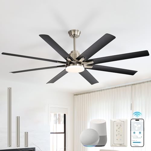 Sofucor Smart Ceiling Fans with Lights, 52'' Ceiling Fan with Light and Remote, Work with Alexa/Google, Black Indoor/Outdoor Ceiling Fan, Quiet DC Motor, 3CCT, 8 Blades Ceiling Fans for Bedroom Patio