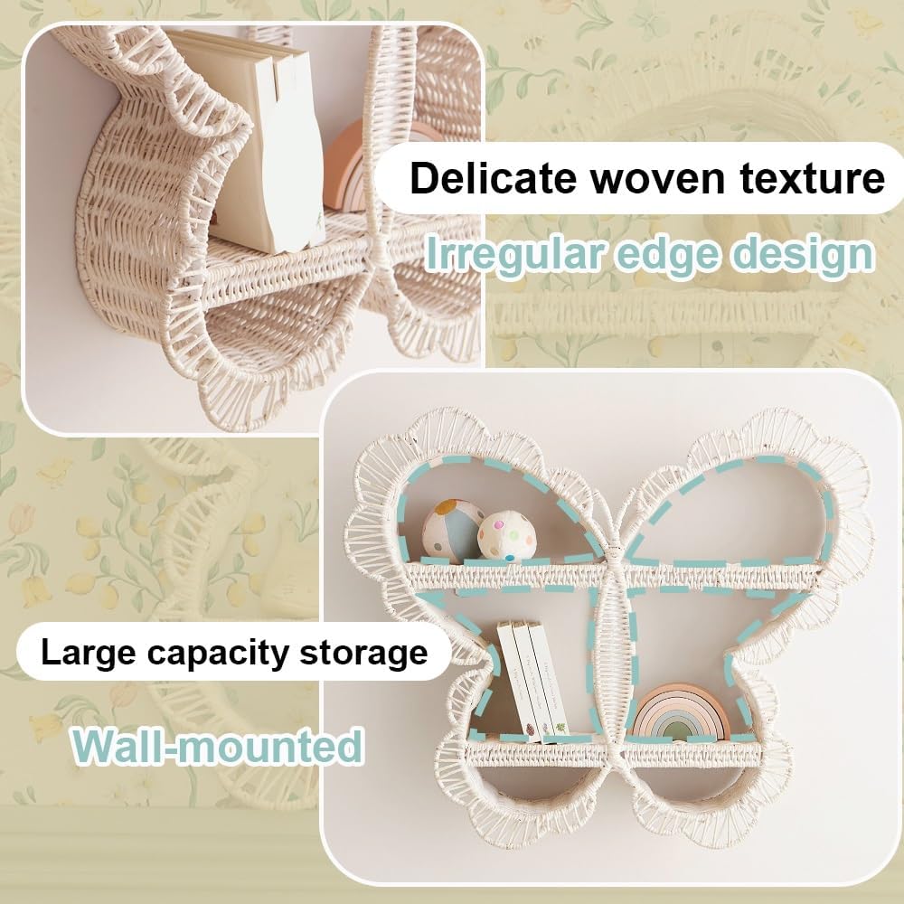 Natural Rattan Floating Shelves, Papillon Shape Book Shelf, Wicker Floating Shelves for Wall, Multi-Purpose Shelves for Living Room, Bedroom, Study(Natural)