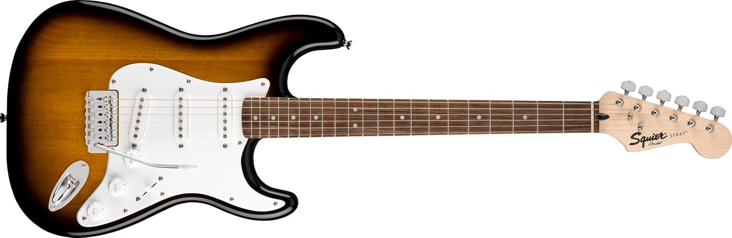 Fender Squier Stratocaster Electric Guitar Pack, Brown Sunburst, with Gig Bag, Frontman 10G, and accessories