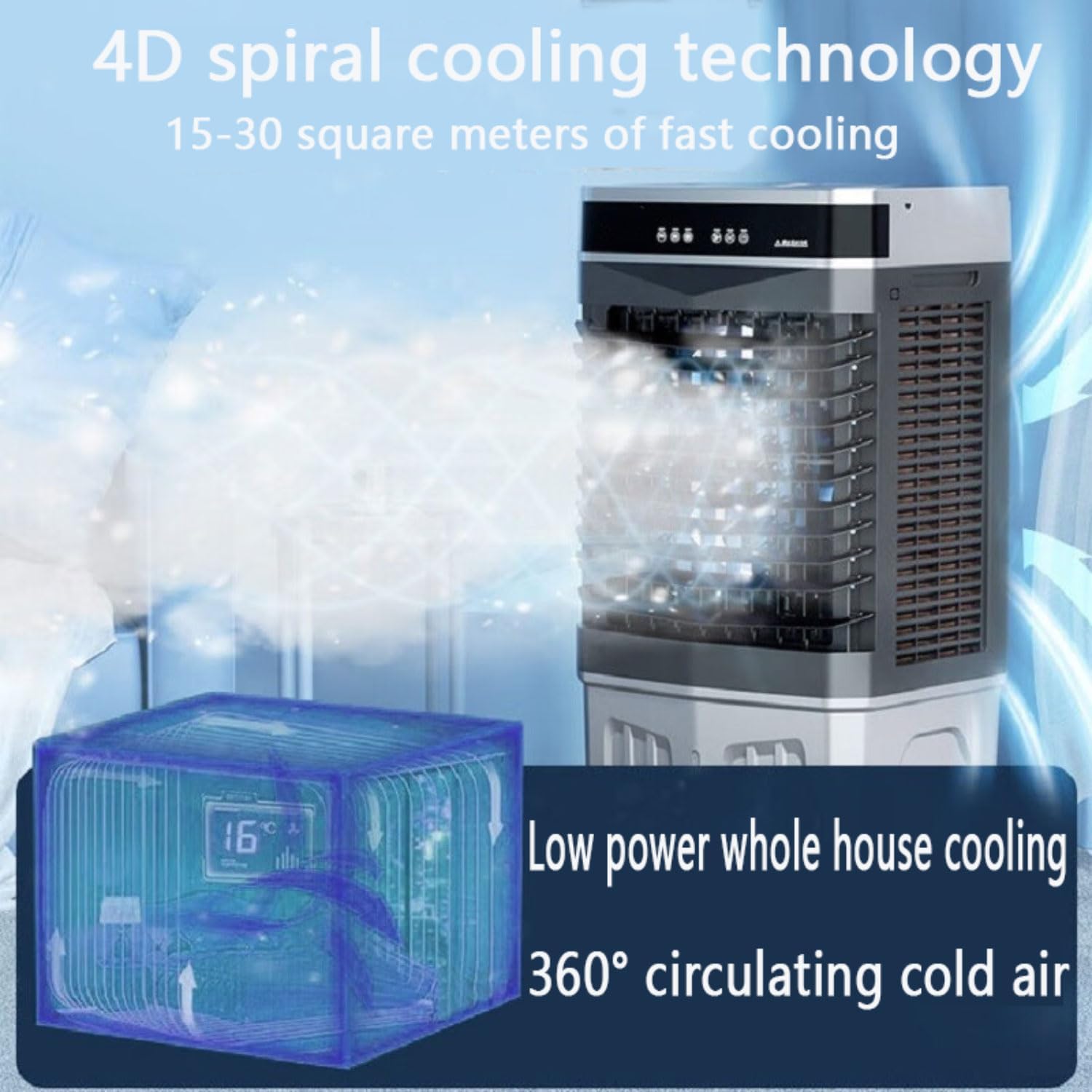 Portable Air Conditioner with 120° Oscillating Air Cooler with 3Speeds 12 Hour Timer Large Water Tank No Hose Needed Portable Air conditioning unit for Room Office Up to 120-150㎡