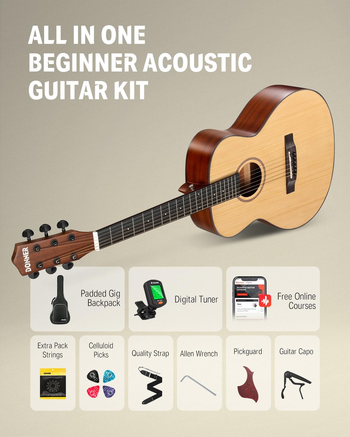 Donner 3/4 Acoustic Guitar Kit 36 Inch Dreadnought Acustica Guitarra Bundle for Beginner Adult Youth Travel With Steel String Spruce Wood Gig Bag Tuner Pickguard Right Hand