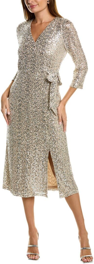 Anne Klein Womens Long Sleeve Faux Wrap Sequin Midi Dress