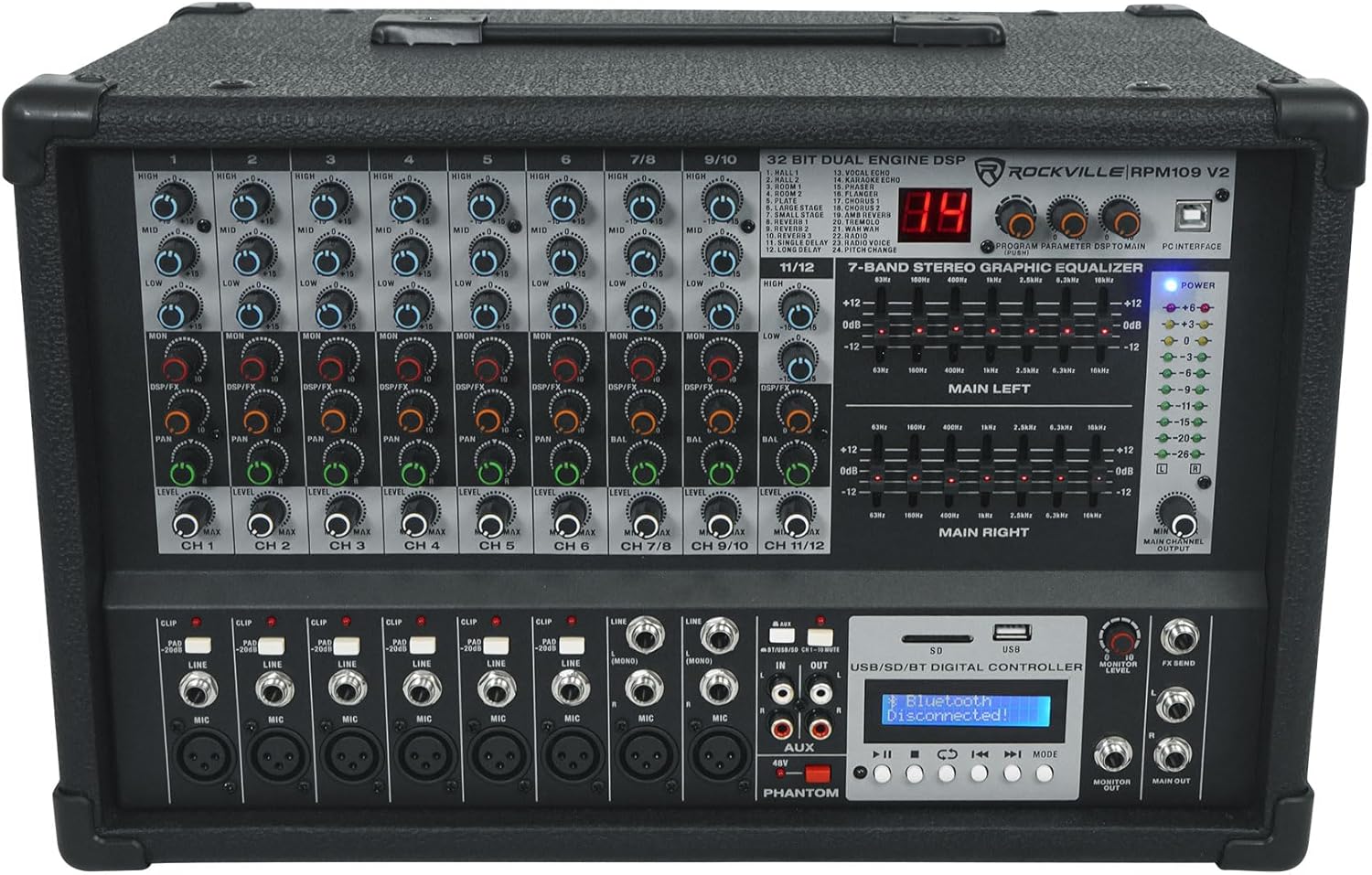 Rockville RPM109 V2 12 Channel Powered Mixer, 4800W Peak/600W RMS x2 @4Ω, Bluetooth/USB/SD Playback & Recording, 24 Digital Effects, 3-Band EQ Per Channel, 7-Band Stereo EQ, for Live Sound & Studio