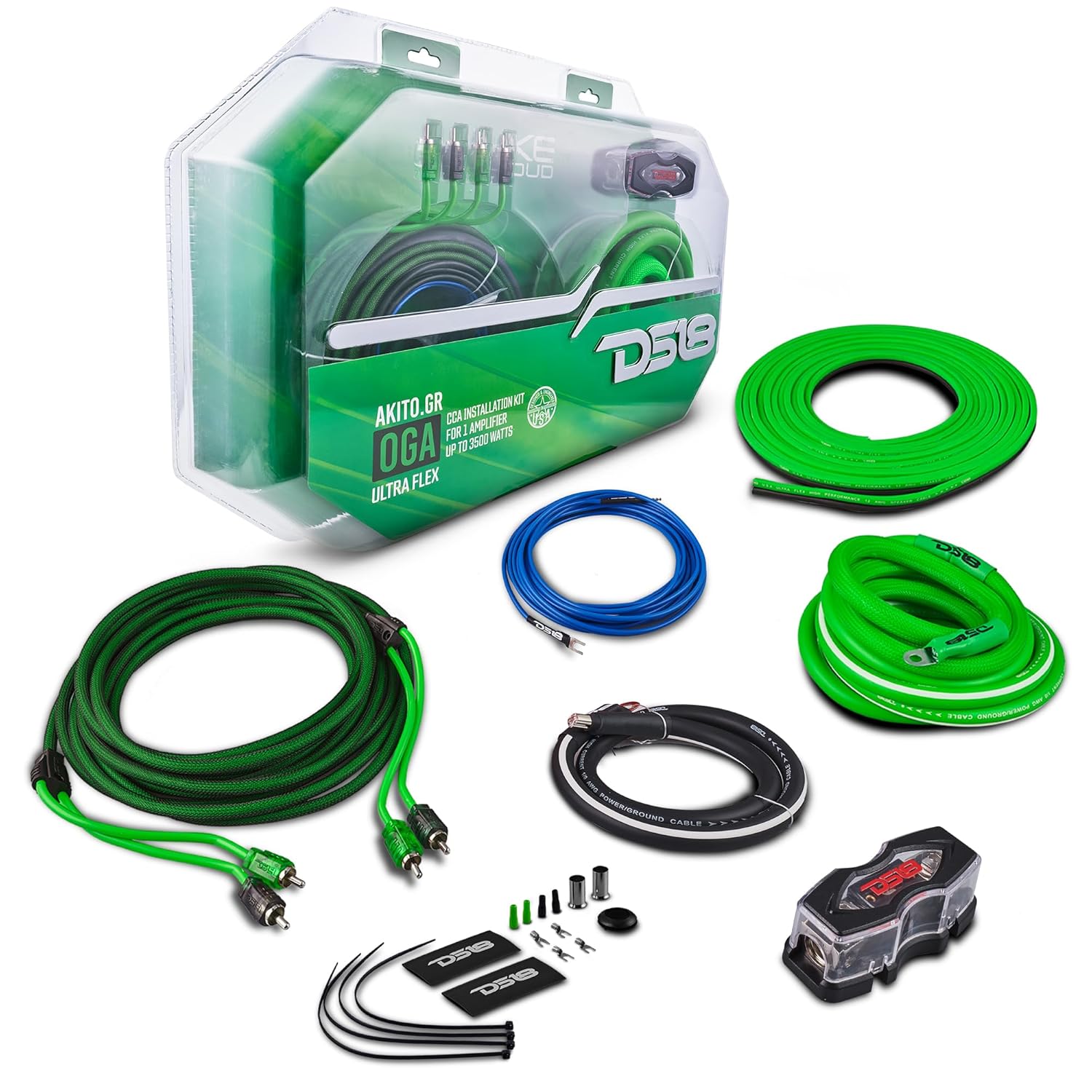 DS18 AKIT0.GR 0-GA Amplifier Installation Wiring Kit with Fuse Holder 250A, Up to 3500 Watts RMS, Ultra Flex Wire, Amp Wire Kit, Amp Wiring Kit 0 Gauge - Green