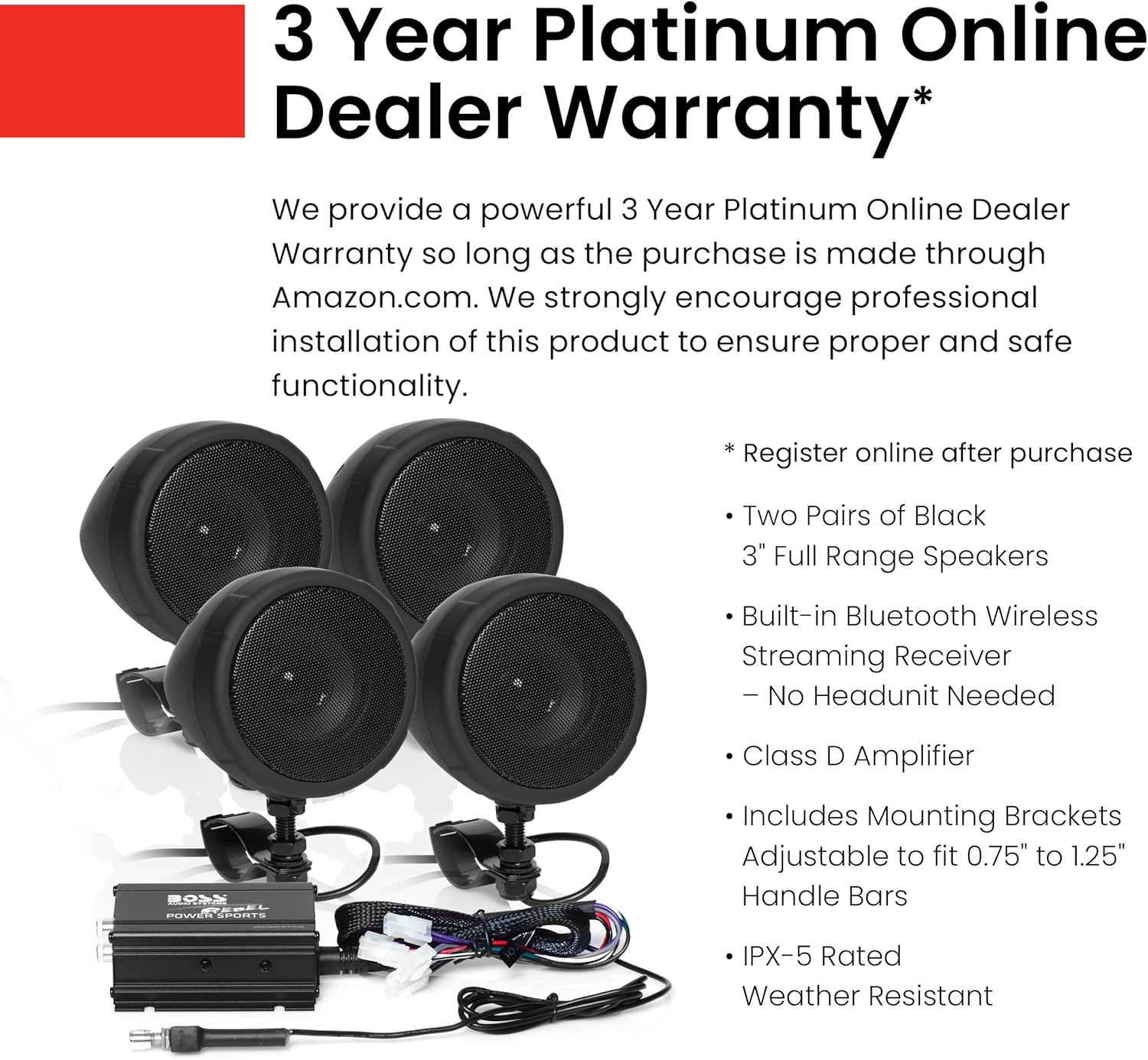 BOSS Audio Systems MCBK470B Motorcycle Bluetooth Speaker System - Class D Compact Amplifier, 3 Inch Weatherproof Speakers, Volume Control, Great for Use With ATVs and 12 Volt Vehicles